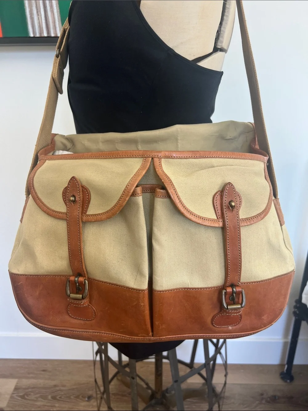 Vintage Canvas leather England Messenger Bag with Brown Leather Trim - Beige